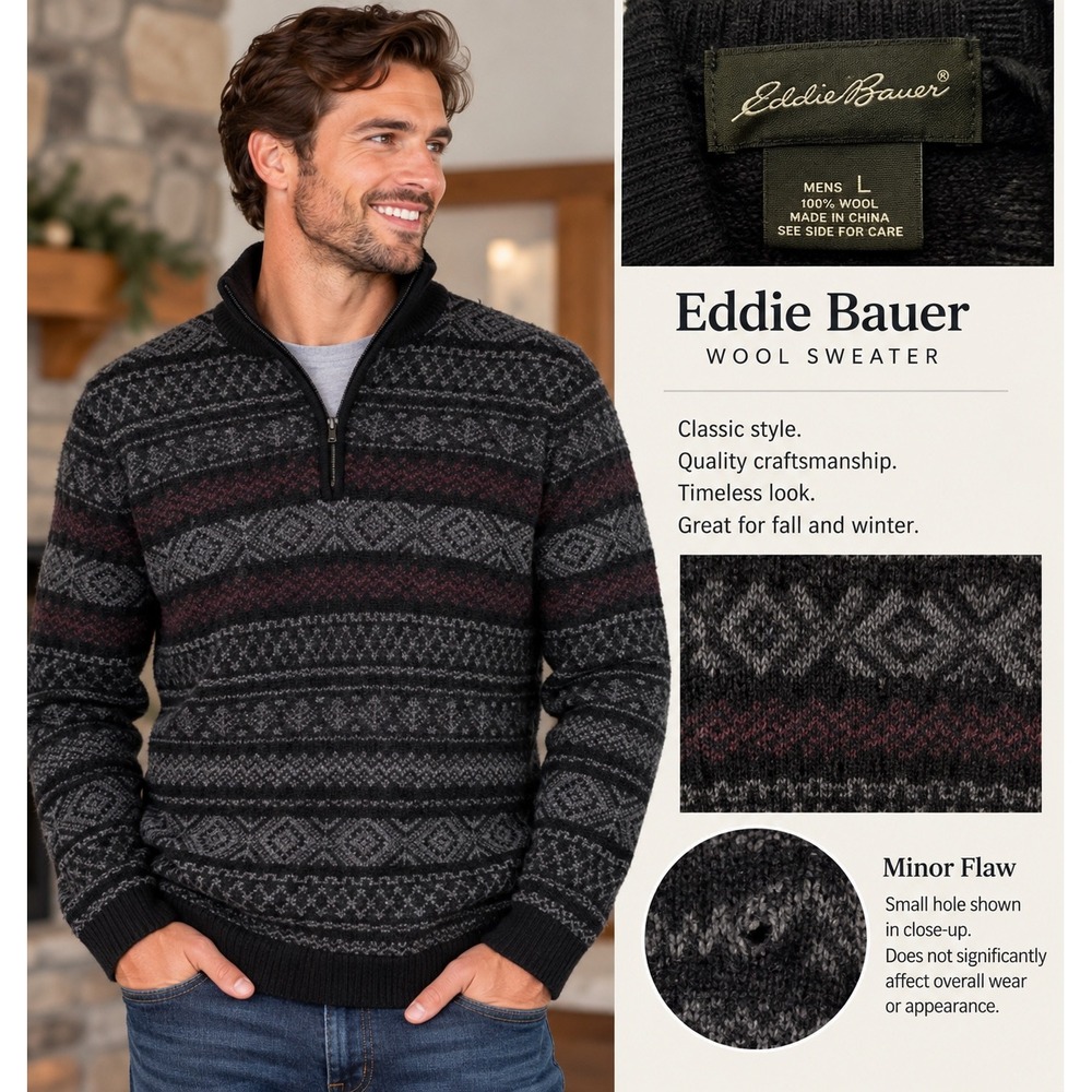 Eddie Bauer Mens Merino Wool Fair Isle Quarter Zip Sweater Grey Black Burgundy M